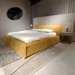 Warm Yellow Suede Upholstered Bed with Minimalist Half-Slat Back Panel & Skirted Base